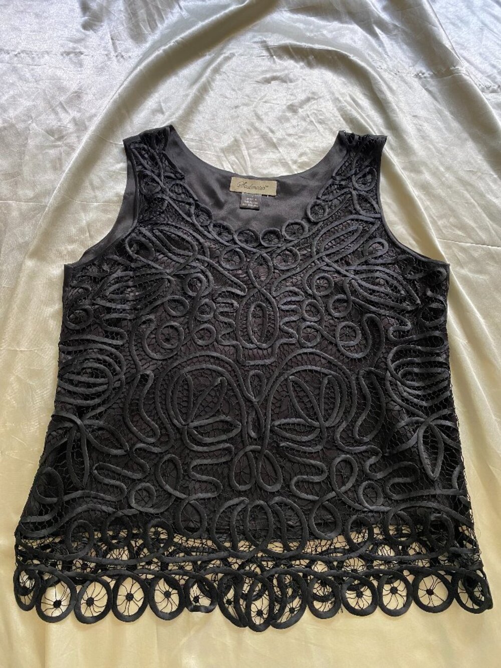 Vintage 1990s 100% Silk Black Battenberg Lace Crochet Tank Boho Small